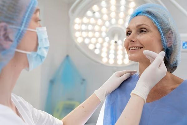 close up doctor checking smiley patient. Facelift and Necklift Clinics