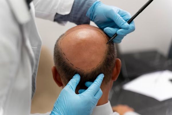 mature man going through a follicular unit extraction process, hair transplant
