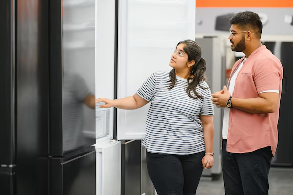 Indian couple buys domestic refrigerator in a supermarket