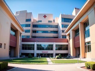 A large building with a red cross on the front
