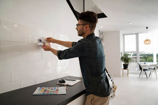 Side view man working interiors